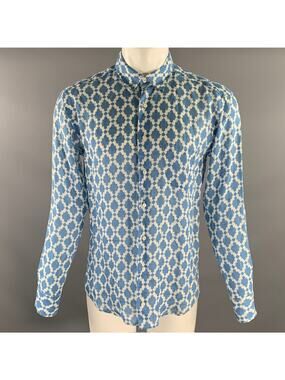 PENINSULA Size XL Blue White Geometric Linen Long Sleeve Shirt